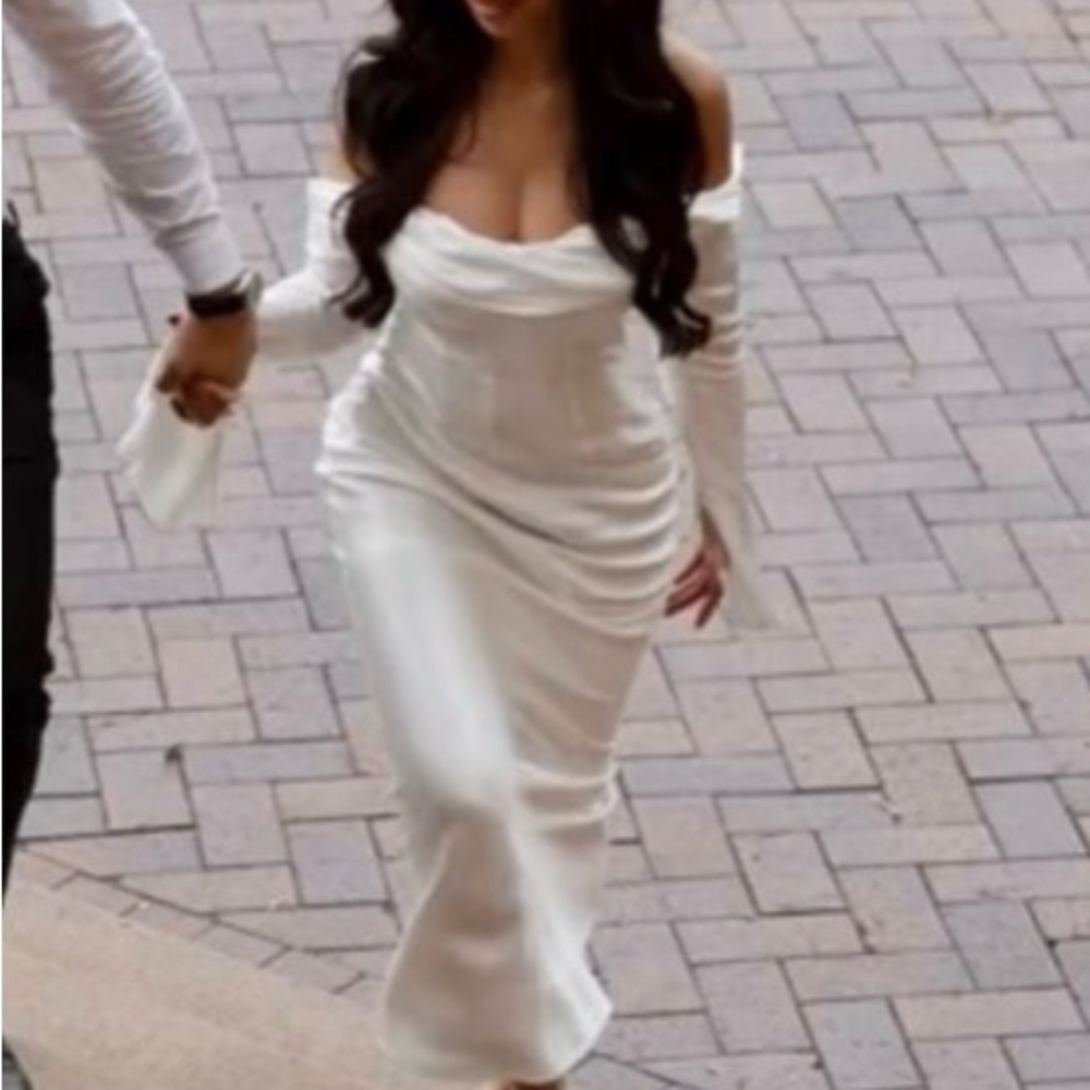 Off-Shoulder White Satin Maxi Dress